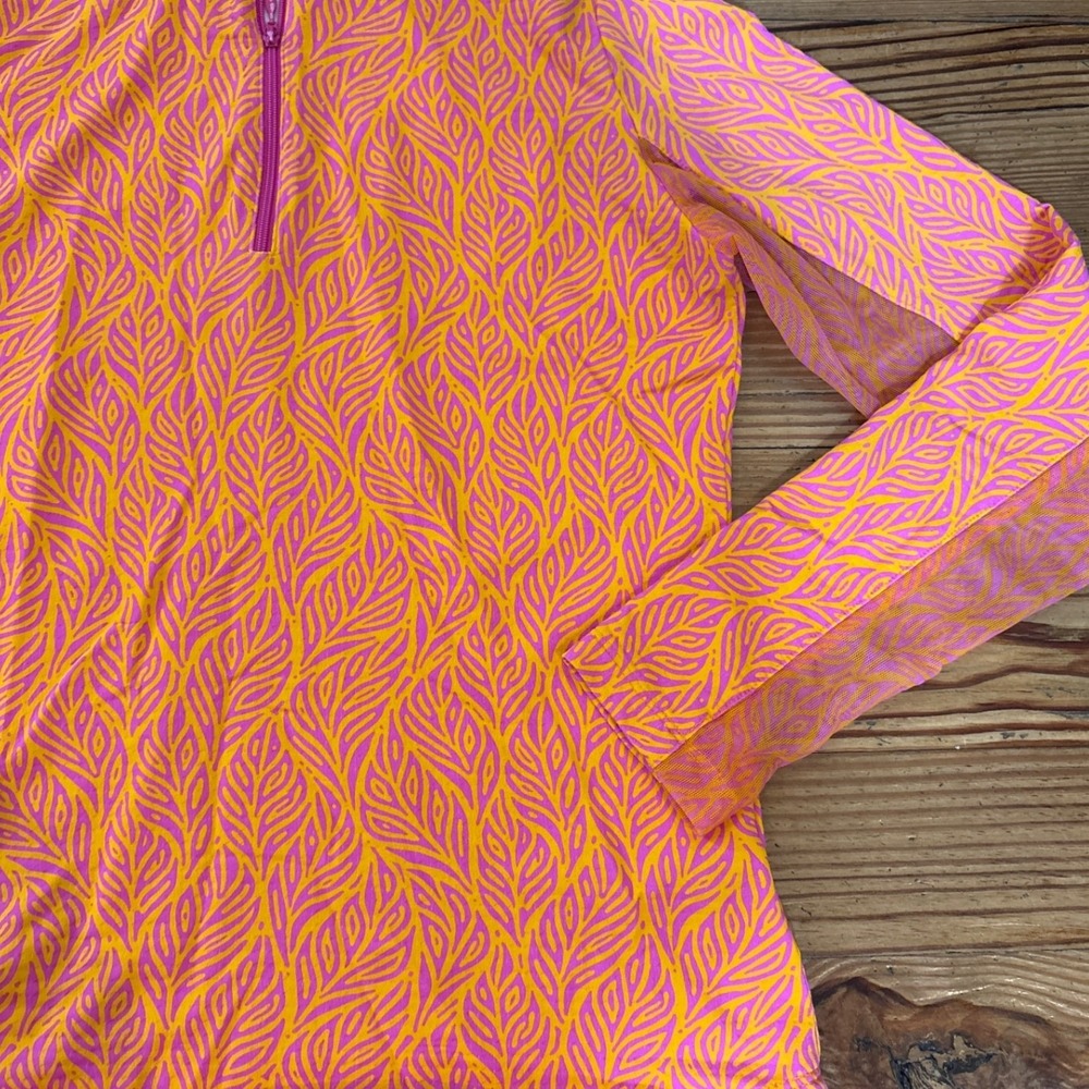 IBKUL Quarter Zip Pullover Womens Pink Orange Leaf Print UPF 50+ Top SIZE XS - Picture 2 of 5